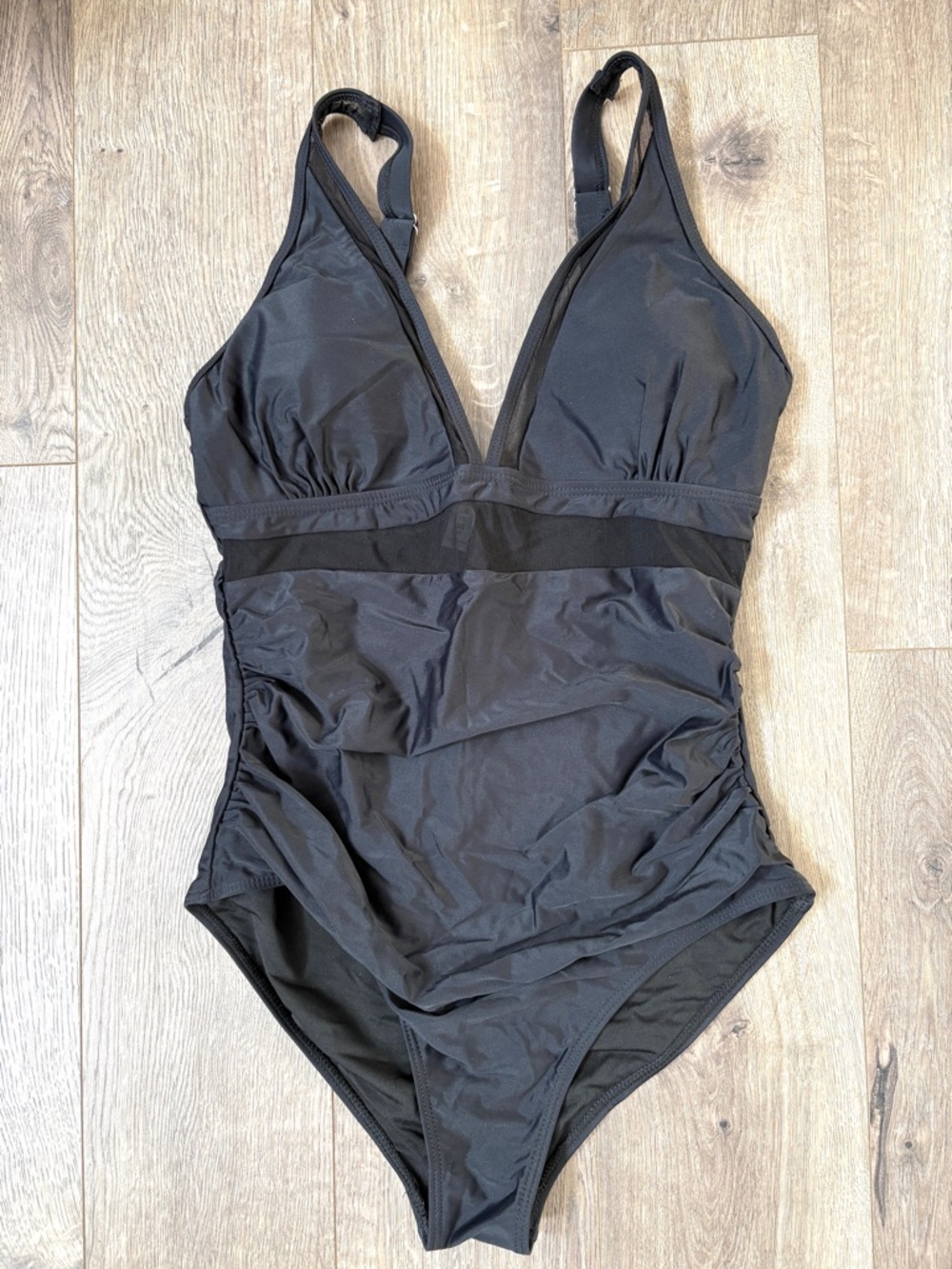 Classic Black One-Piece V Neck Swimwear with Mesh Inset L - Picture 3 of 10